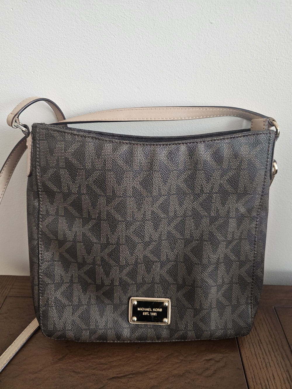 Michael Kors Brown Monogram Crossbody with Beige Strap